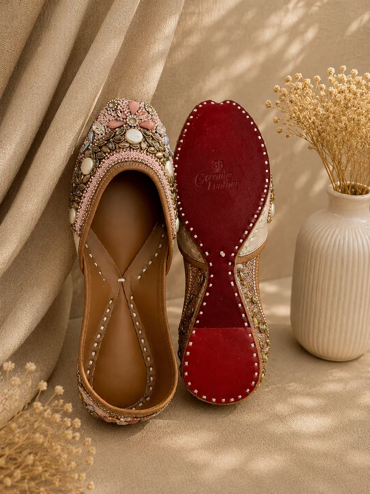 The underside of a jutti, its deep red leather sole stamped with the size and the words Genuine Leather.