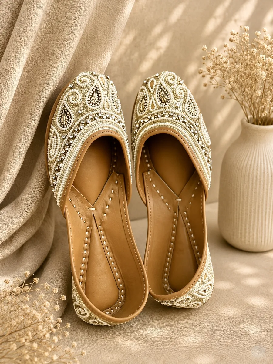 Ivory Grace juttis with a cream paisley motif in fine pearl and thread work.